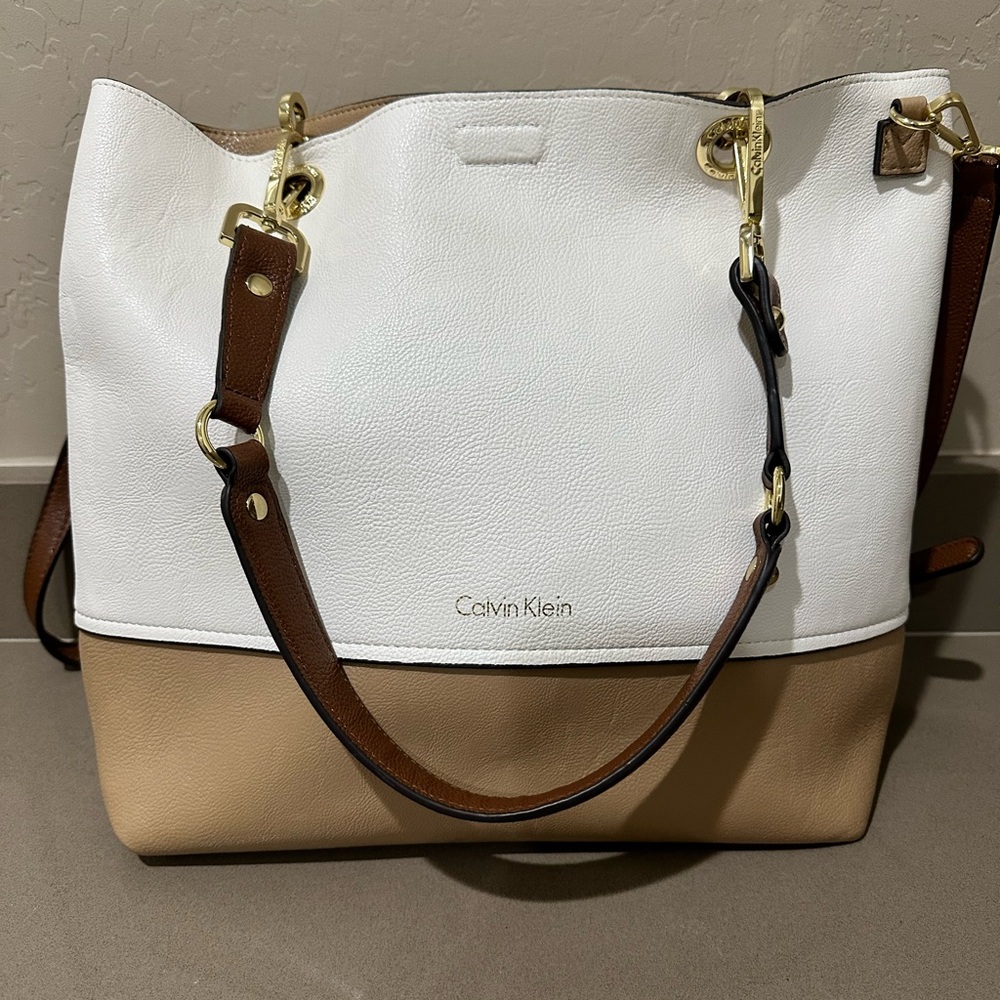 Calvin Klein multi color white and beige purse tote with optional cross strap